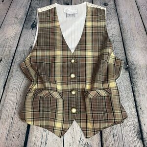 Worth Vintage 100% Silk Plaid Tartan Tie at Back of Waist Vest Brown Tan Size 10